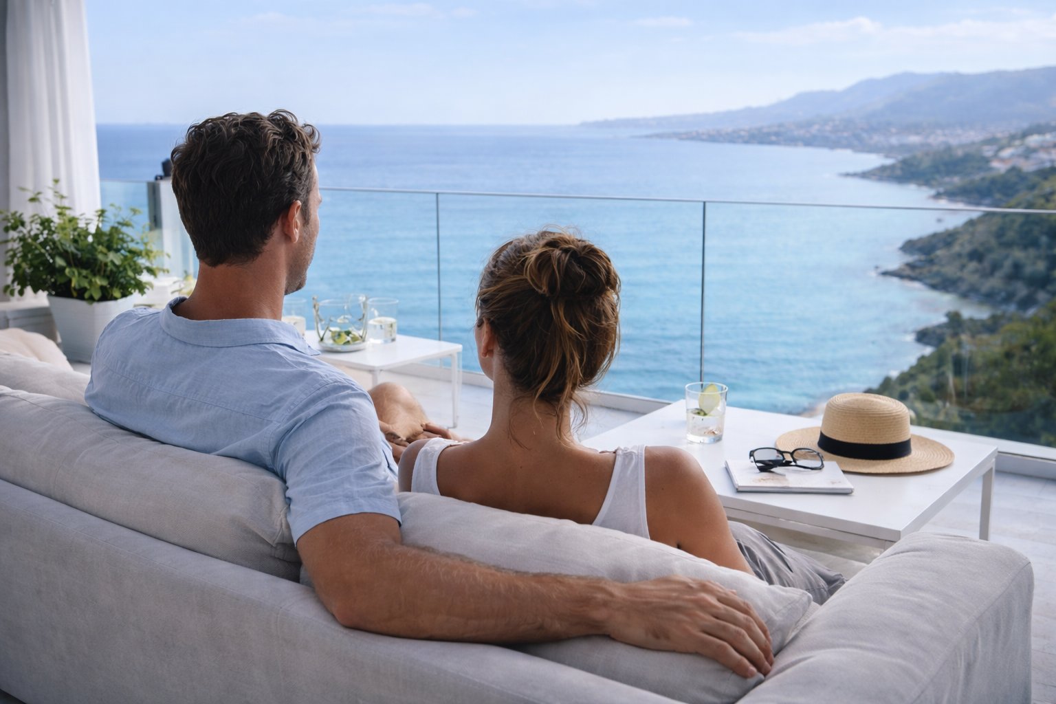 Couple relaxing at vacation rental terrace